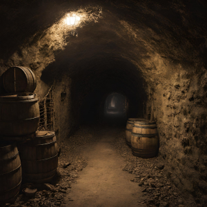 Softly lit dirt tunnel with Rum barrels. Pirates' House. 