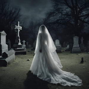 Ghostly figure in a white wedding dress walking in the cemetery at night. 