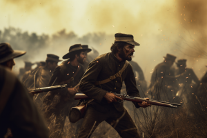 Civil War soldiers with muskets engaged in battle