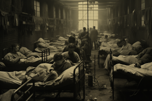 a room full of hospital beds and patients with Yellow Fever