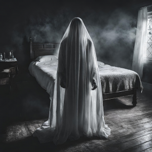 Ghost in a sheet standing at the end of a bed with arm out