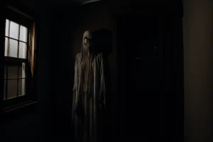 A creepy entity stalking a dark corner of the haunted Six Pence Pub in Savannah